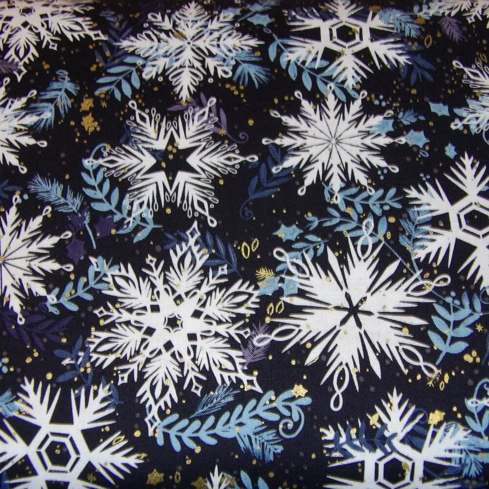 One Yard Cotton Fabric Snowflakes on Navy Blue